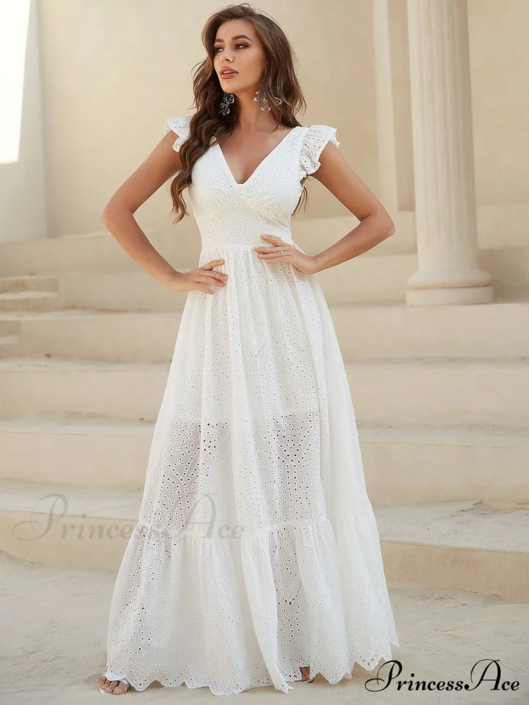 White Lace Dress with Backless Flounce Hem