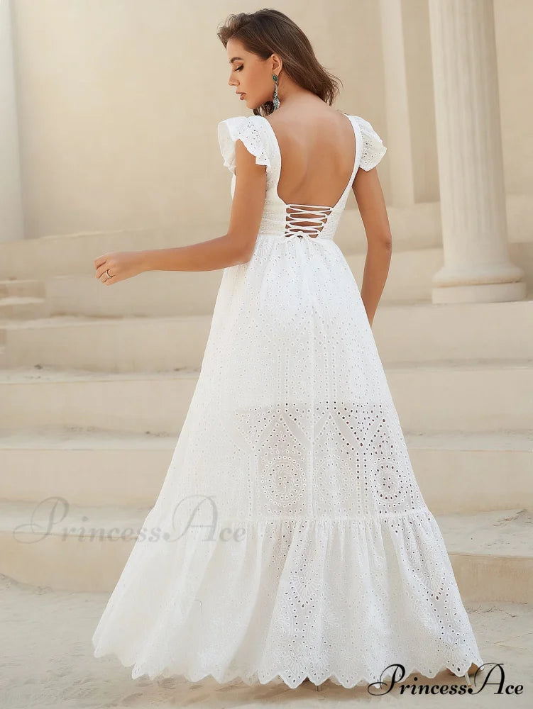 White Lace Dress with Backless Flounce Hem