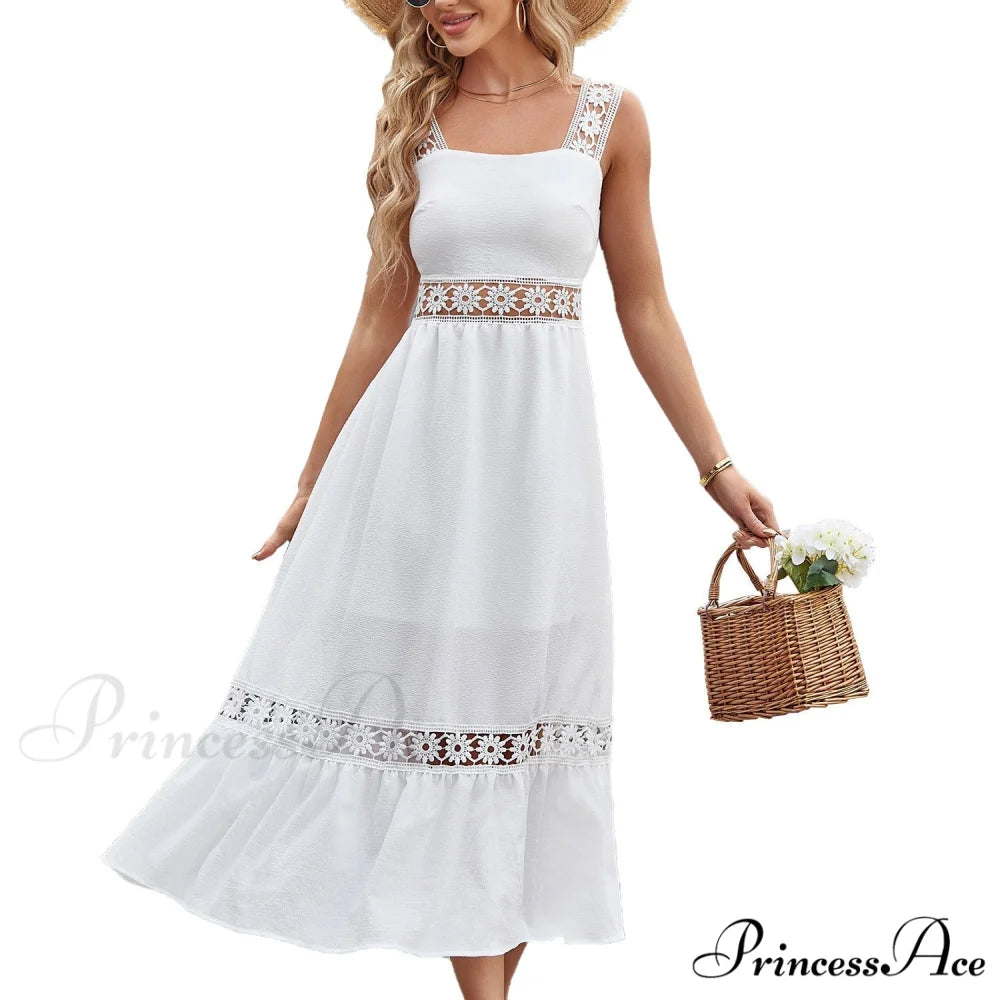 White Lace Insert Ruffle Hem Dress M / White