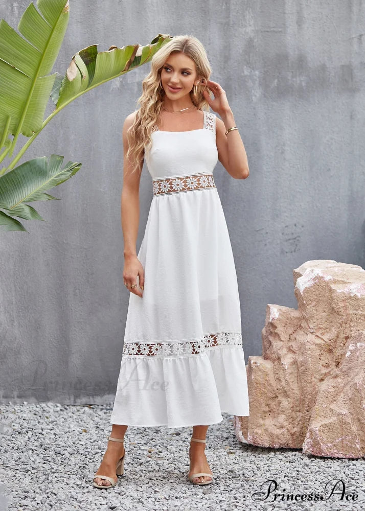 White Lace Insert Ruffle Hem Dress S / Black