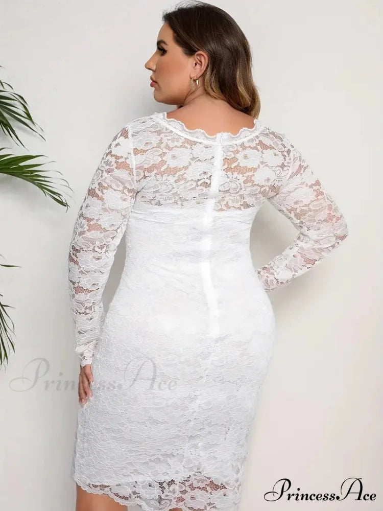 White Lace Long Sleeve Bodycon Dress - Plus Size 2XL / White