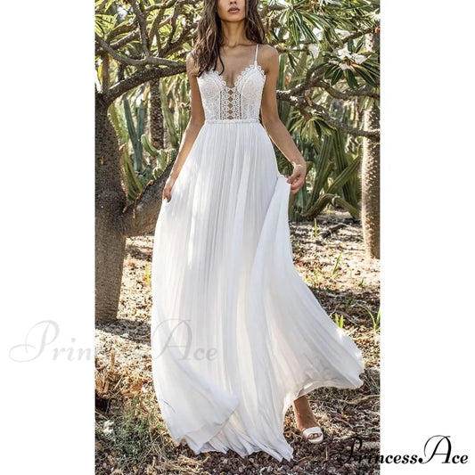 White Lace Maxi V-Neck Slim Sleeveless Boho Dress White / S