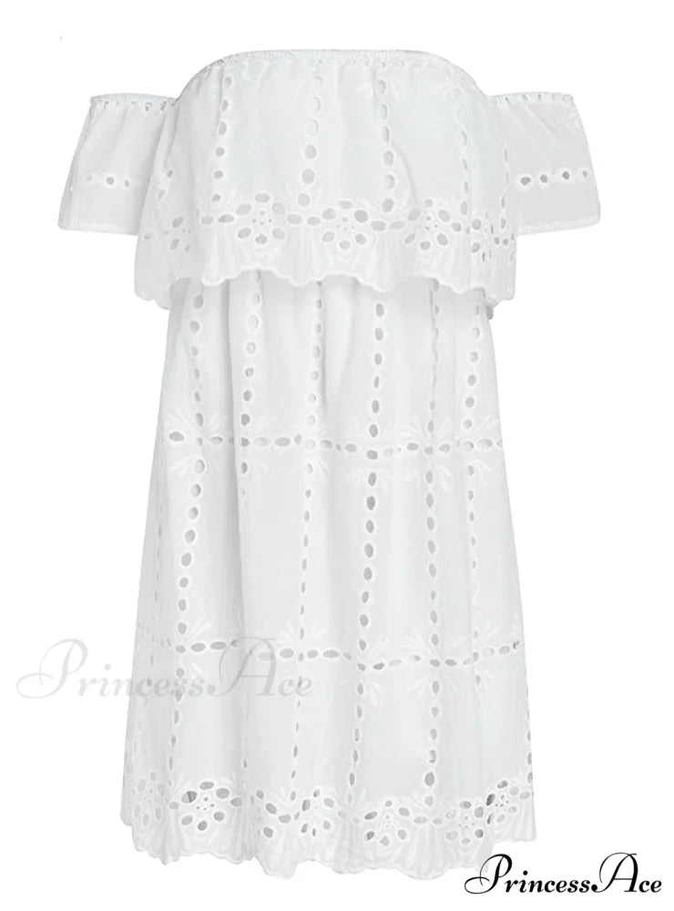 White Lace Off Shoulder Dress with Hollow Out Detail for Women