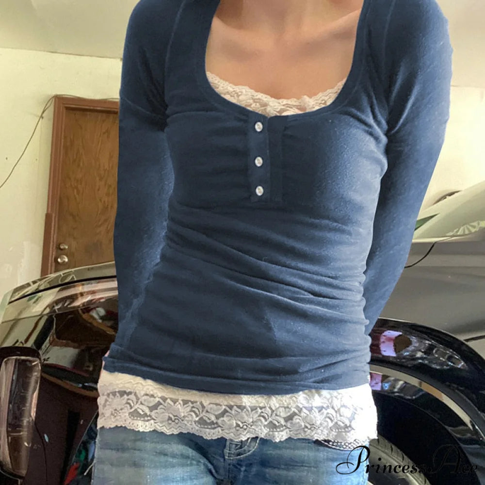 White Lace Trim T-shirt Blue / S