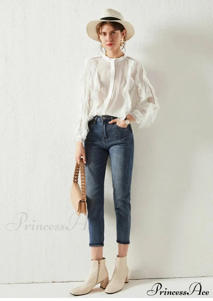 White Layered Frills Cut Out Cotton Boho Top bohoblouse-250126