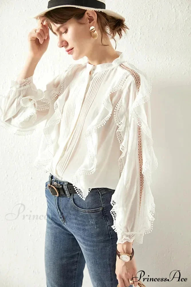 White Layered Frills Cut Out Cotton Boho Top bohoblouse-250126