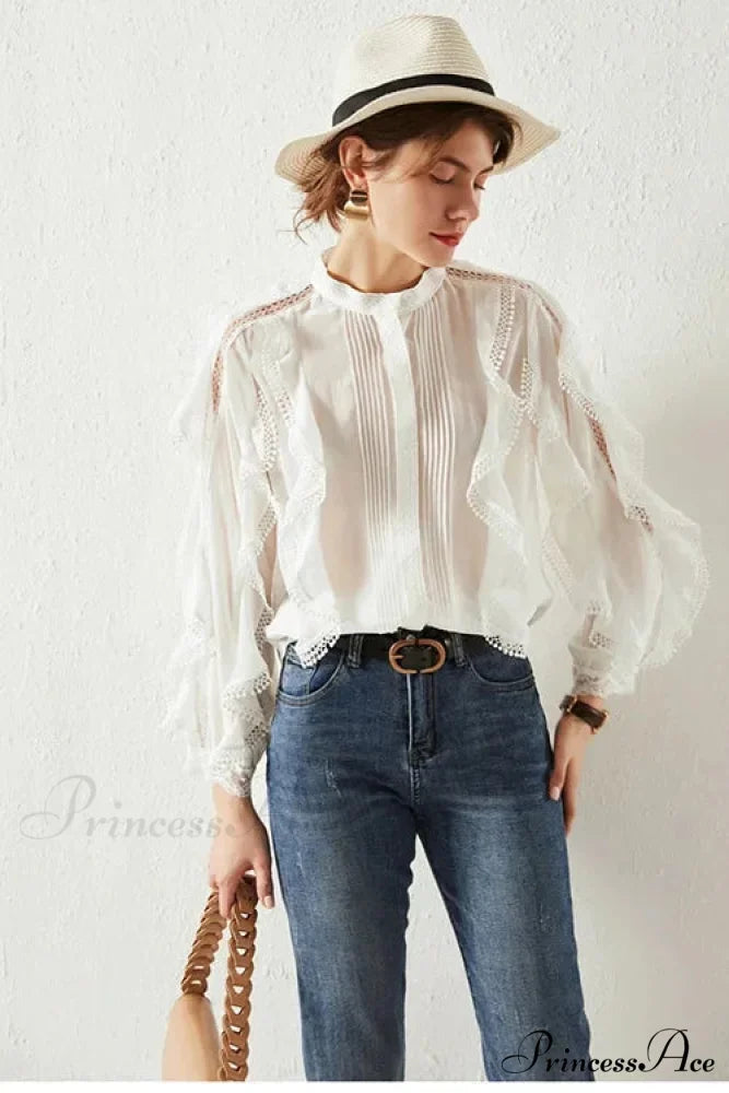White Layered Frills Cut Out Cotton Boho Top bohoblouse-250126