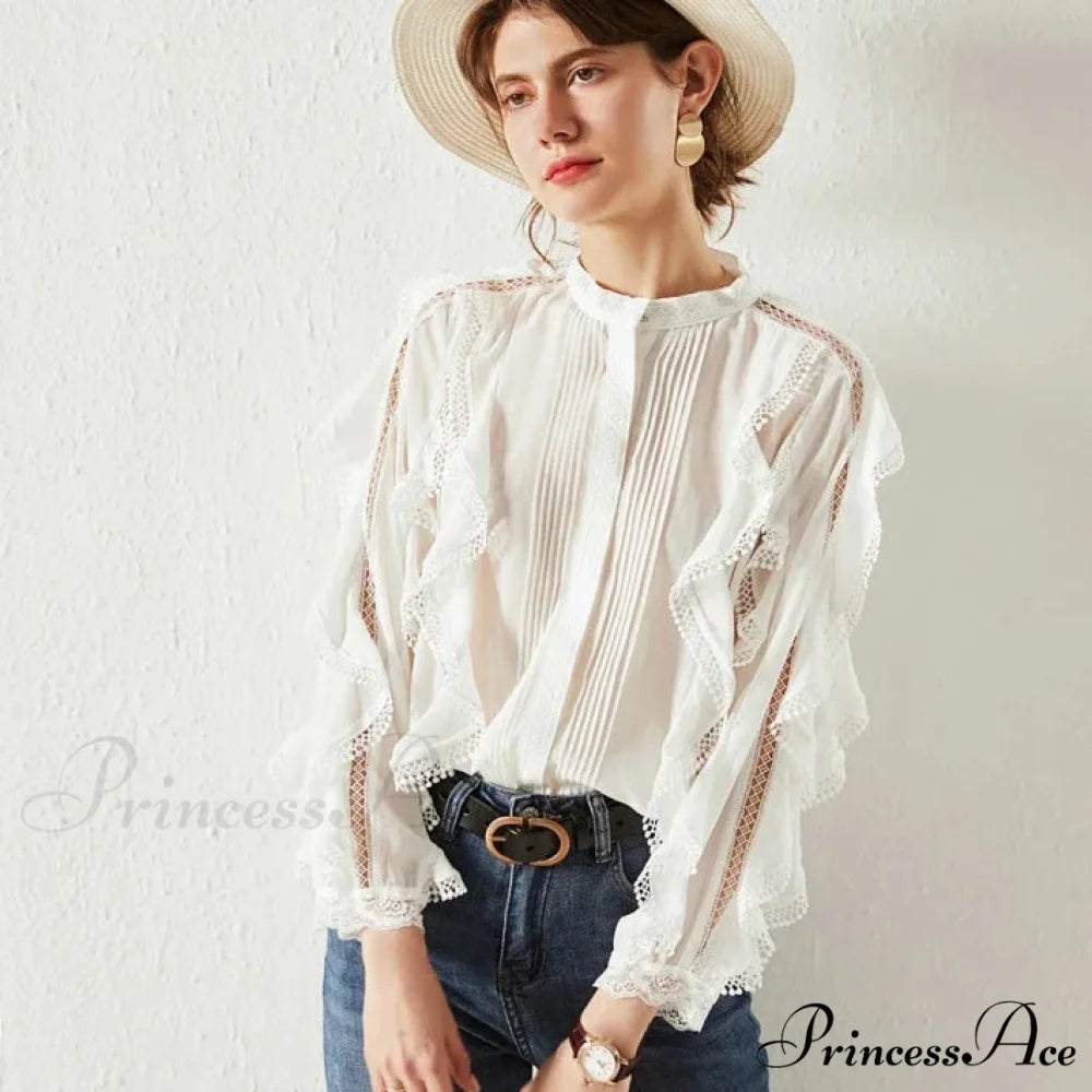 White Layered Frills Cut Out Cotton Boho Top bohoblouse-250126