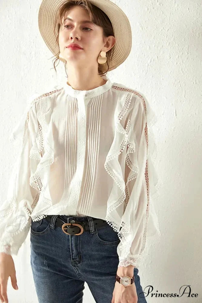 White Layered Frills Cut Out Cotton Boho Top White / S bohoblouse-250126