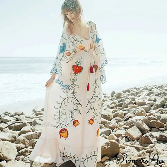 White Long Dress Cotton Floral Stitching Seductive V-neck Beach Dress bohodress-250126