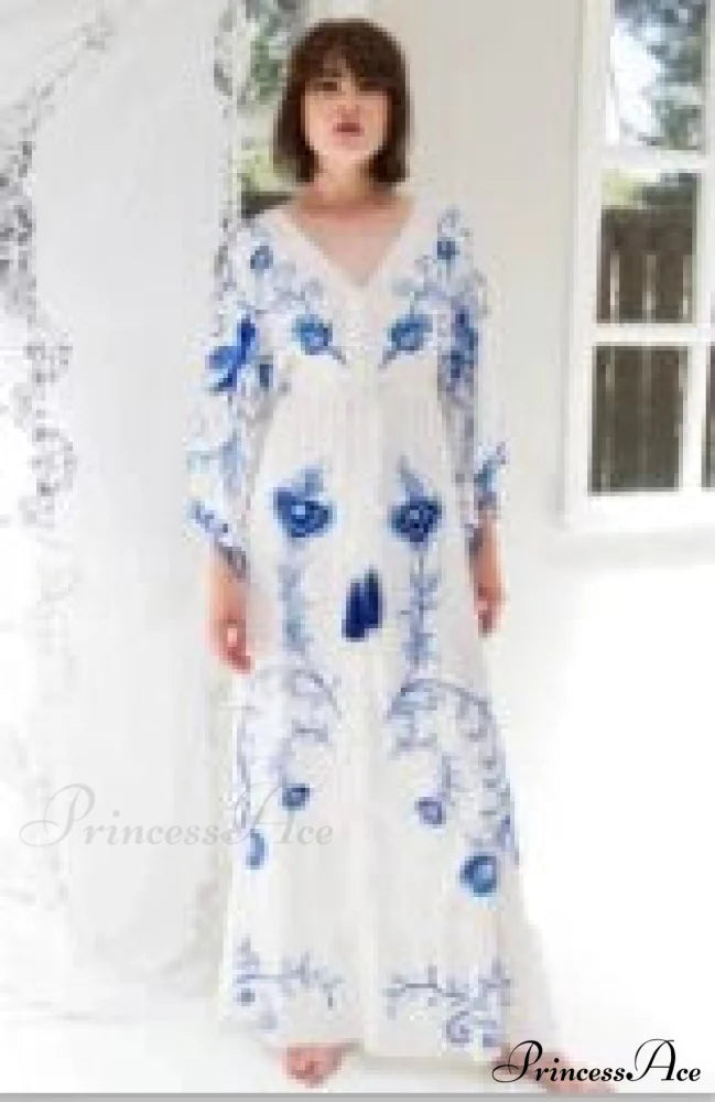 White Long Dress Cotton Floral Stitching Seductive V-neck Beach Dress WHITE / S bohodress-250126