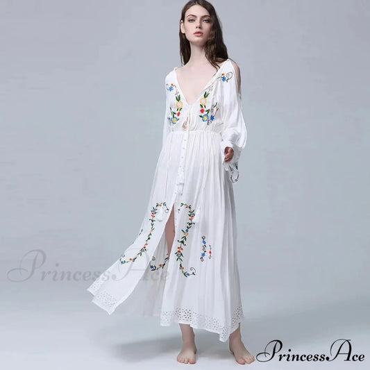 White Long Dress Deep Plunge-neck Floral Stitching Cotton Rayon Summer Dress bohodress-250126