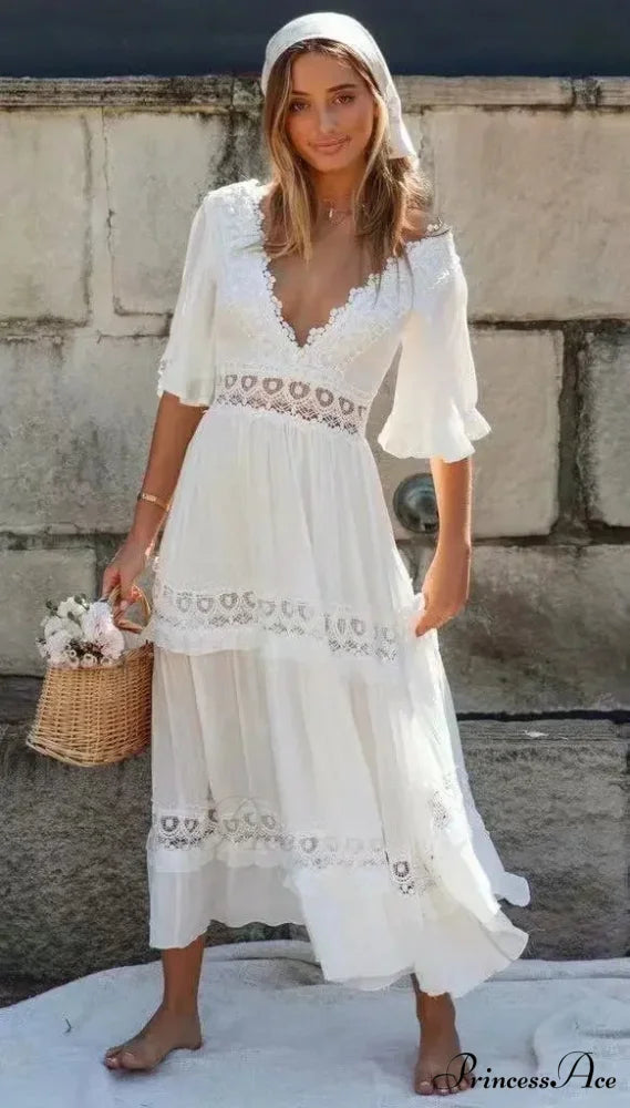 White Long Dress Hollow Waist Deep V-neck Dress bohodress-250126