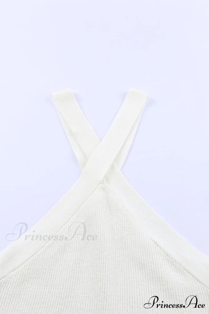 White Neck Knit Ribbed Halter Tank Cross Criss Top