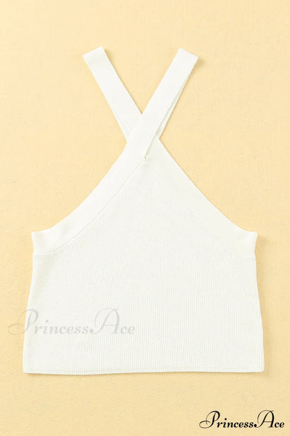 White Neck Knit Ribbed Halter Tank Cross Criss Top