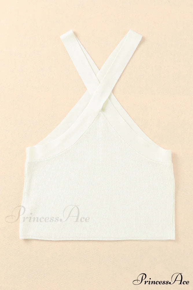 White Neck Knit Ribbed Halter Tank Cross Criss Top