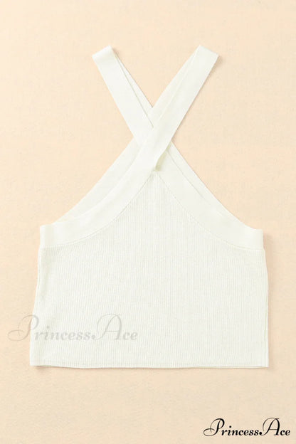 White Neck Knit Ribbed Halter Tank Cross Criss Top