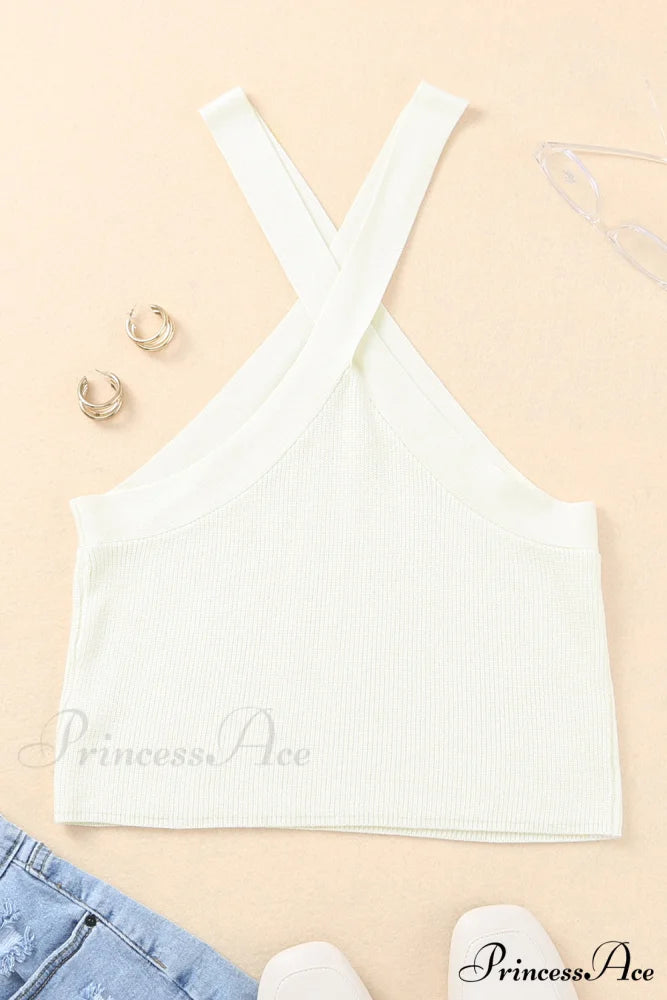 White Neck Knit Ribbed Halter Tank Cross Criss Top