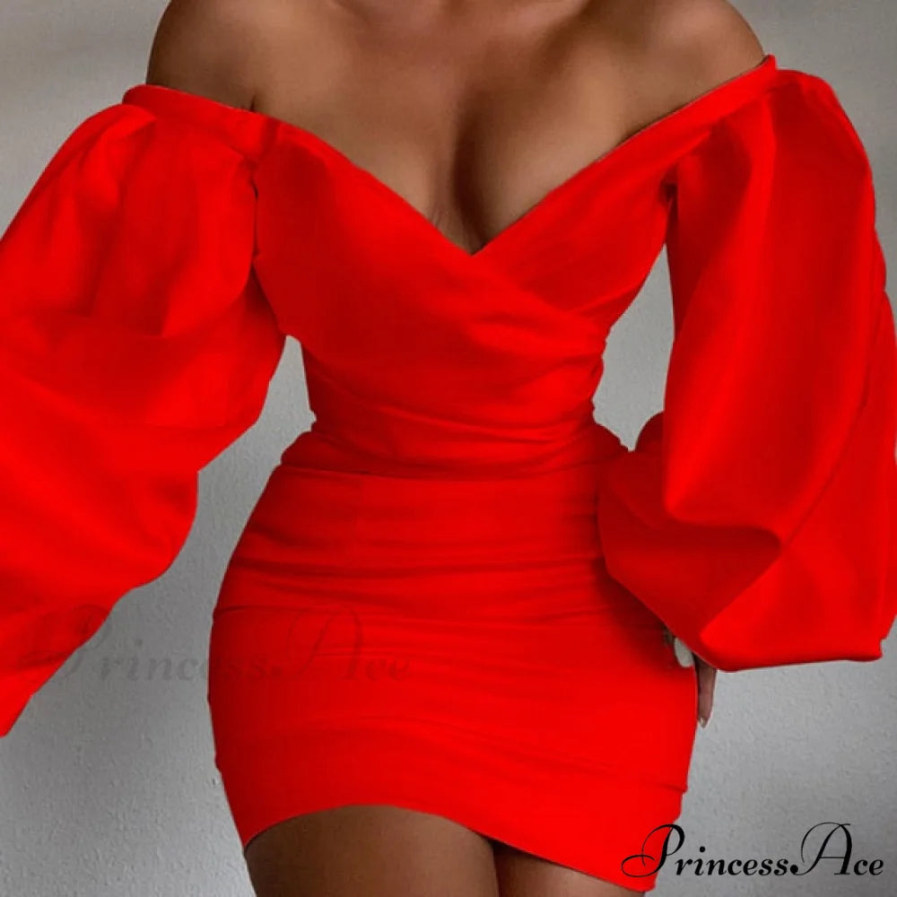 White Off Shoulder Puff Long Sleeve Satin Dress Red / S