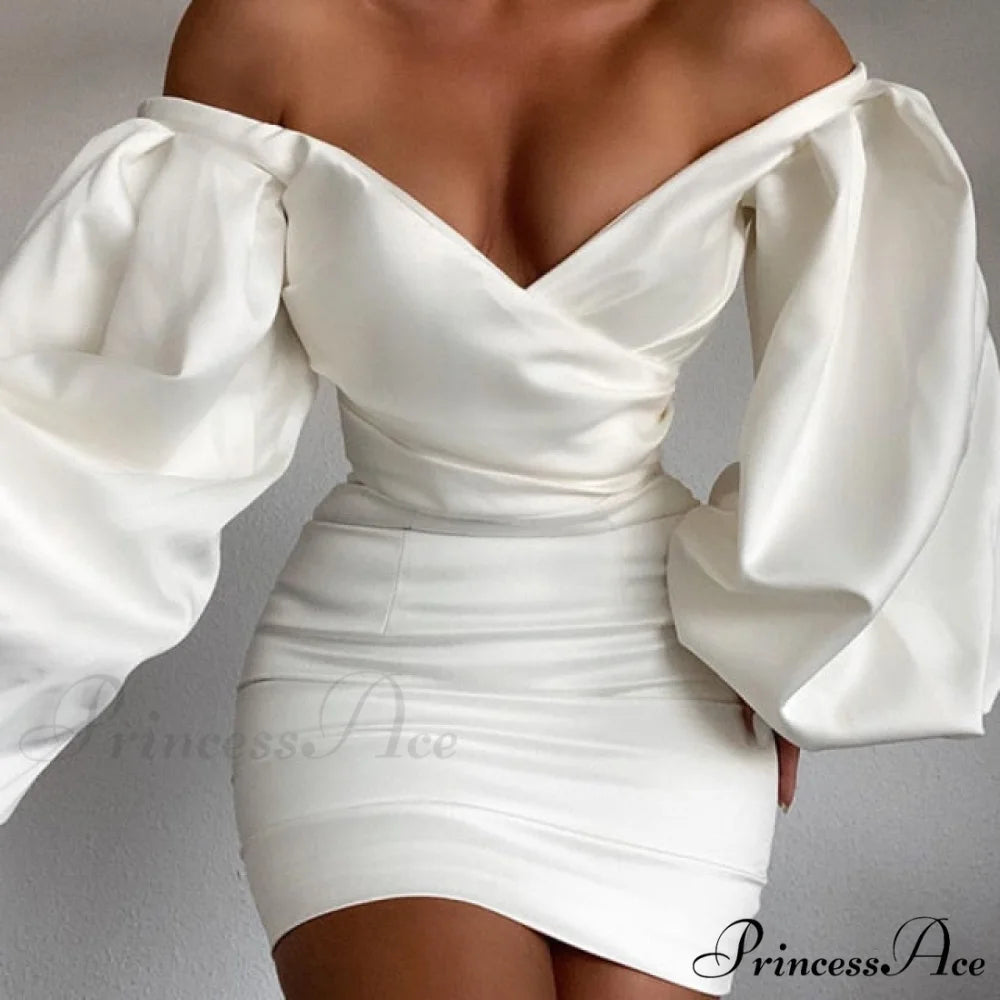 White Off Shoulder Puff Long Sleeve Satin Dress white / S