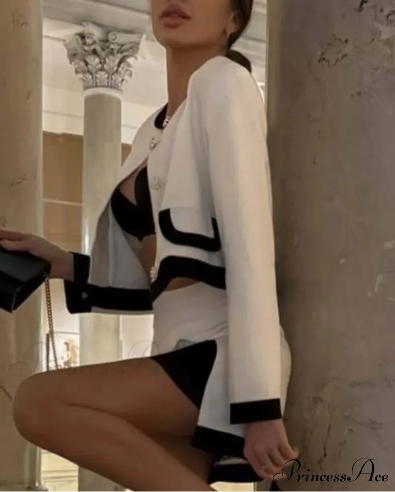 White Patchwork Side Slit Mini Workplace Two Piece Set officetwopieceset-250223