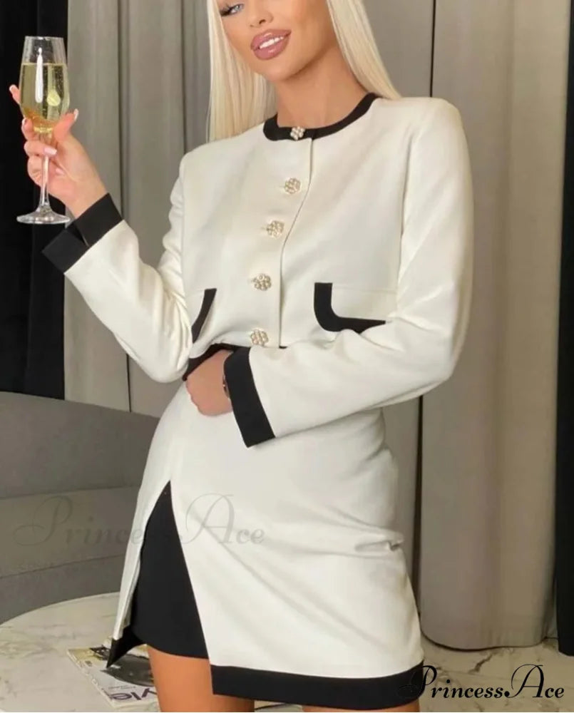 White Patchwork Side Slit Mini Workplace Two Piece Set WHITE / S officetwopieceset-250223