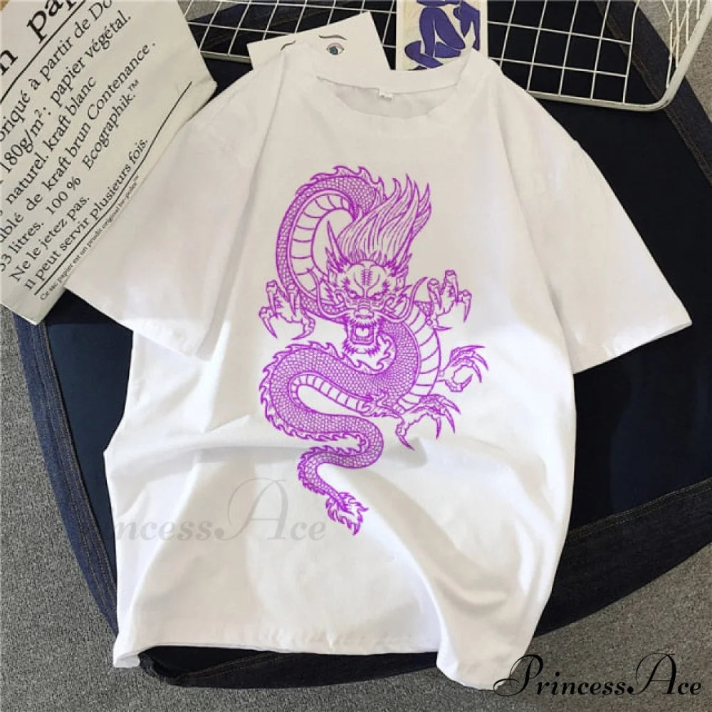 White Print Short O Neck T-shirts purple / S