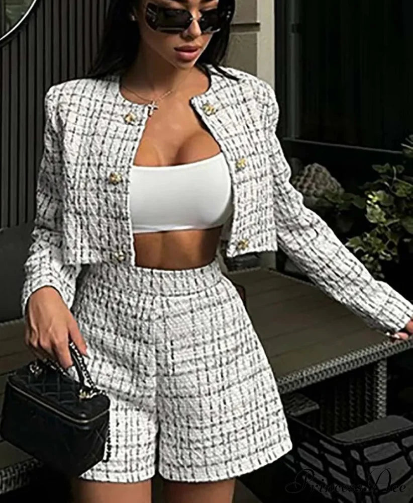 White Printed O-Neck Crop Blouse Workplace Two Piece Set officetwopieceset-250223