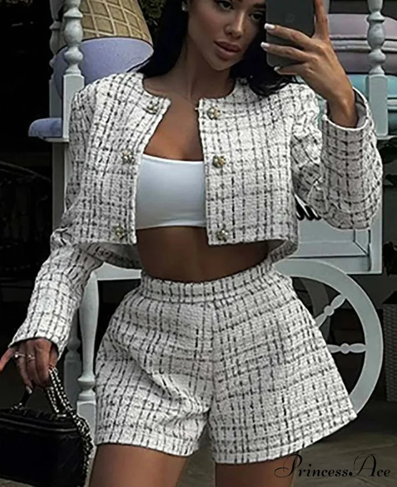 White Printed O-Neck Crop Blouse Workplace Two Piece Set WHITE / S officetwopieceset-250223