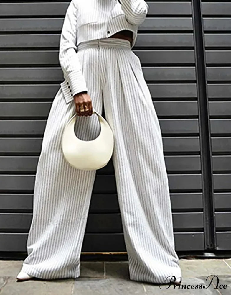 White Printed Pockets Straight Trousers Work Two Piece Set officetwopieceset-250223