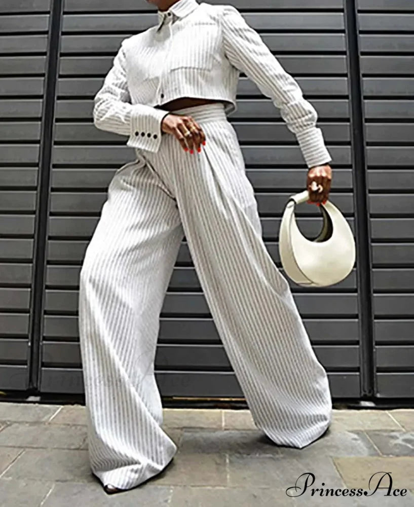 White Printed Pockets Straight Trousers Work Two Piece Set WHITE / S officetwopieceset-250223