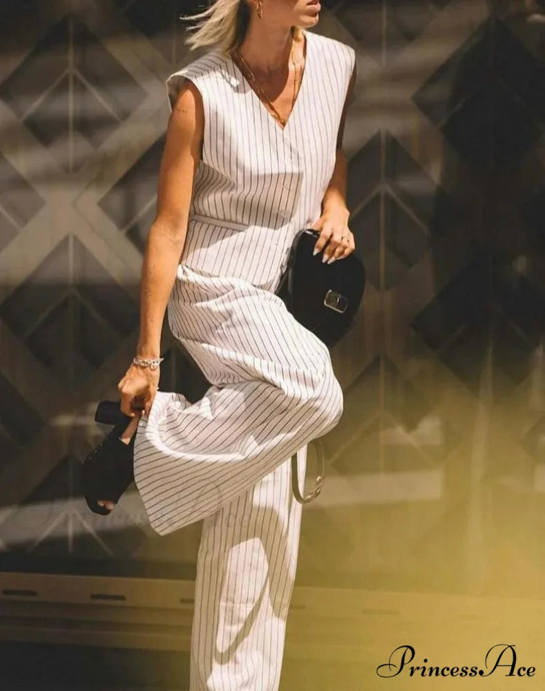 White Printed V-Neck Sleeveless Pants Office Two Piece Set officetwopieceset-250223