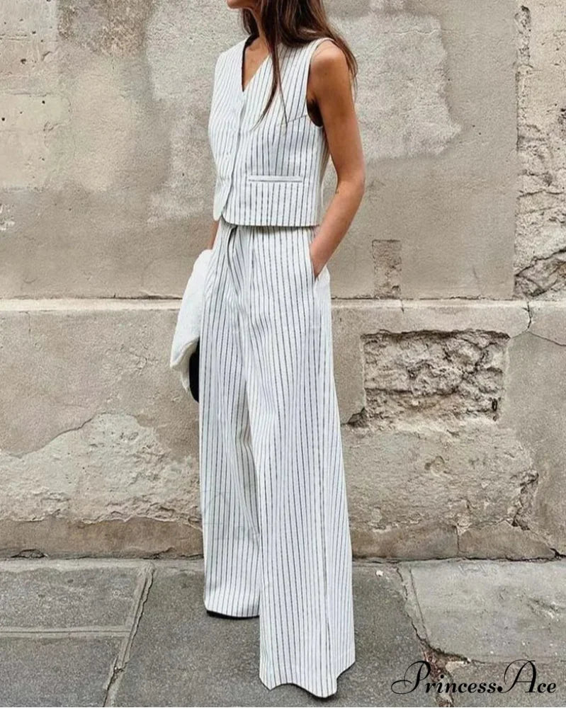 White Printed V-Neck Sleeveless Pants Office Two Piece Set WHITE / S officetwopieceset-250223