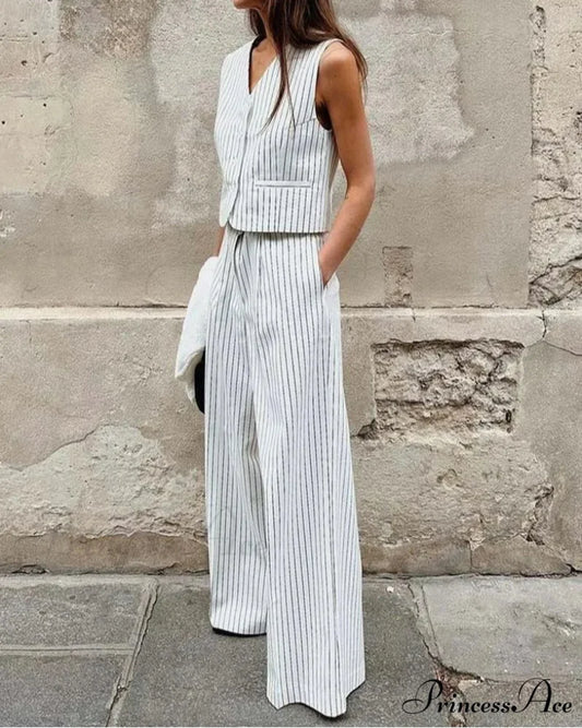 White Printed V-Neck Sleeveless Pants Office Two Piece Set WHITE / S officetwopieceset-250223