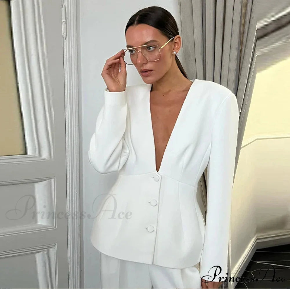 White Profound Plunge-neck Blazer Trousers Office Two Piece Set white coats / S officetwopieceset-250223