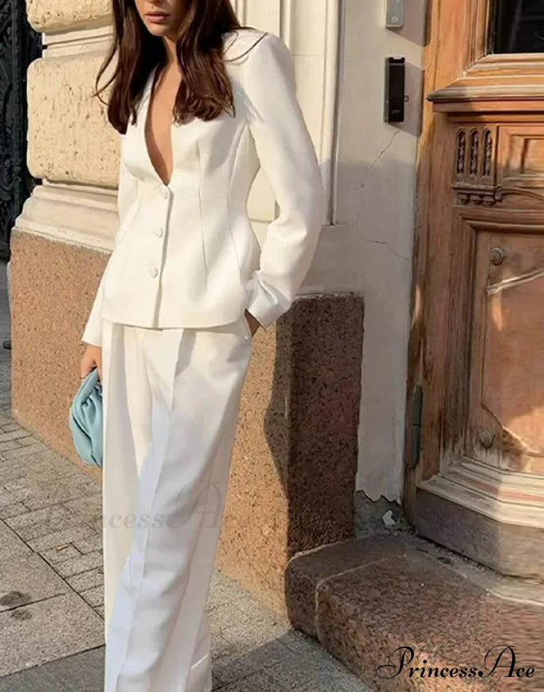 White Profound Plunge-neck Blazer Trousers Office Two Piece Set officetwopieceset-250223