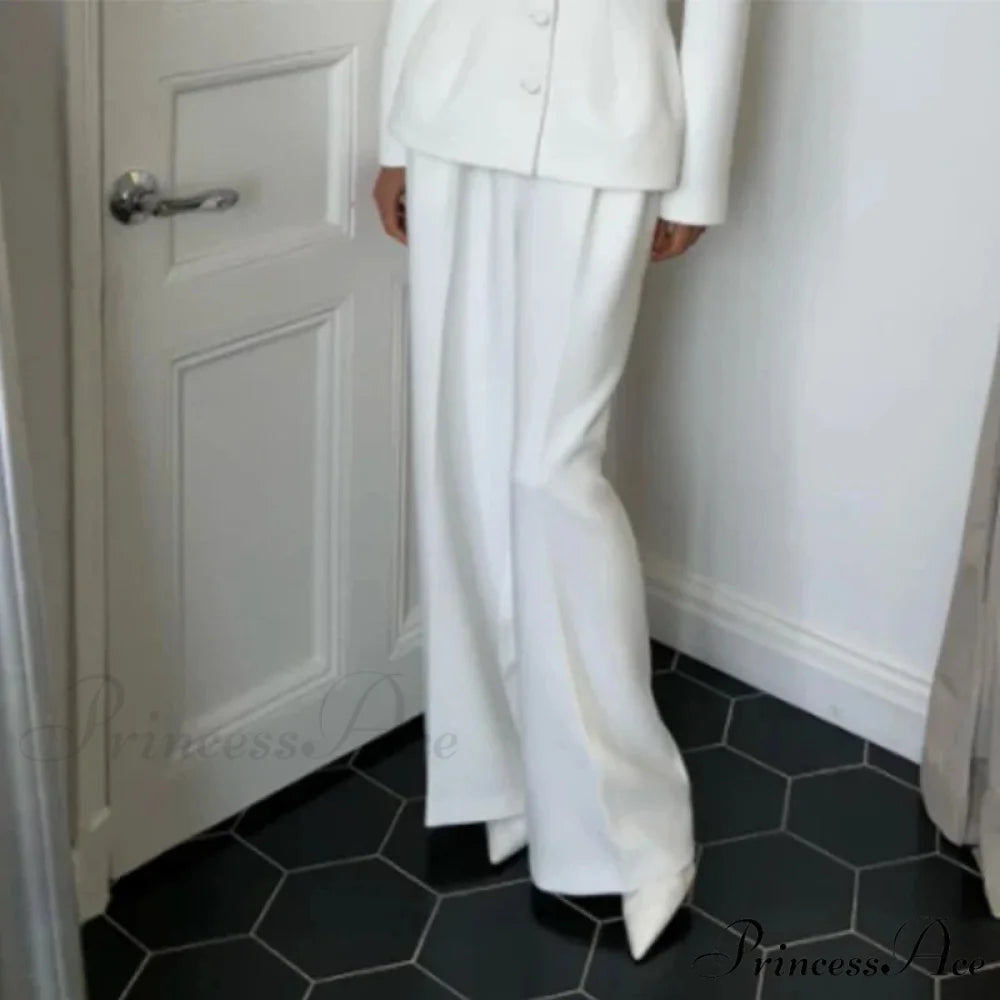 White Profound Plunge-neck Blazer Trousers Office Two Piece Set white pants / S officetwopieceset-250223
