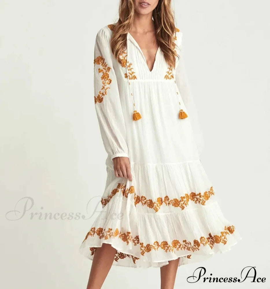 White Profound Plunge Neck Extended Sleeve Dress bohodress-250126