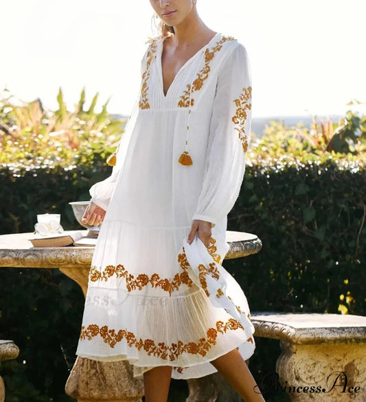 White Profound Plunge Neck Extended Sleeve Dress WHITE / S bohodress-250126