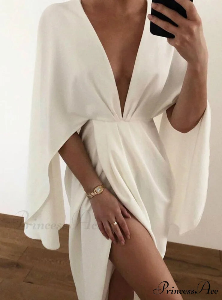 White Ruched Detail Slit Cape Sleeve Dress