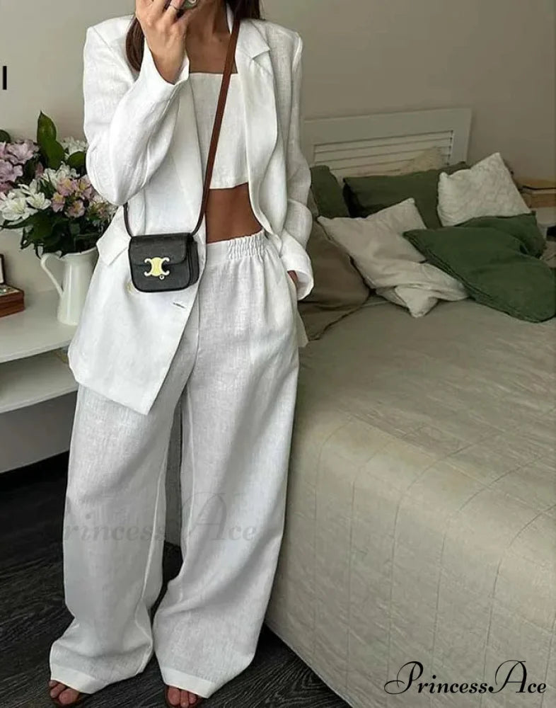 White Single Button Strapless Trousers Workplace Two Piece Set officetwopieceset-250223