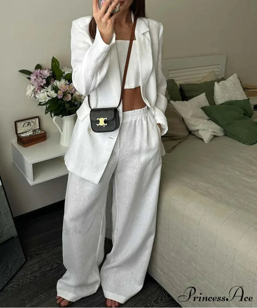 White Single Button Strapless Trousers Workplace Two Piece Set WHITE / S officetwopieceset-250223