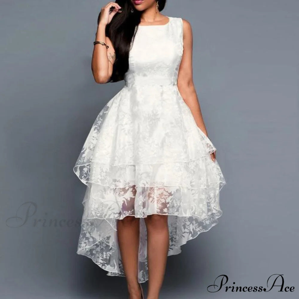 White Sleeveless O Neck Lace Dress white / S