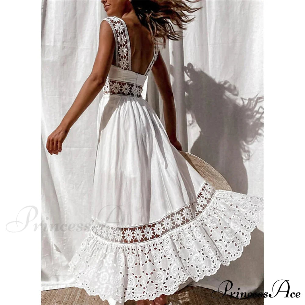 White Sleeveless Solid Lace Panel Dress for Women