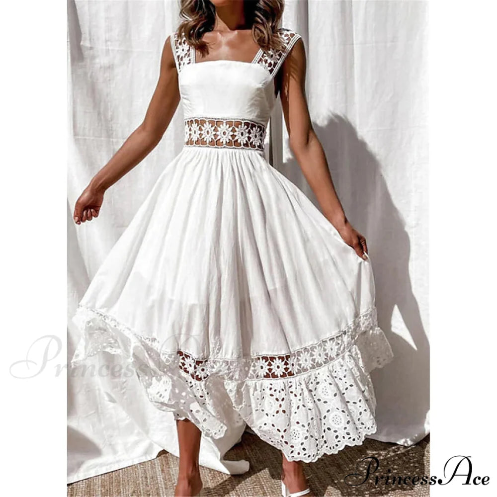 White Sleeveless Solid Lace Panel Dress for Women