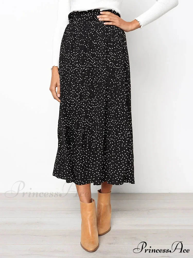 White Spots Floral Pattern Pleated Midi Skirt with Pockets skirt-250126