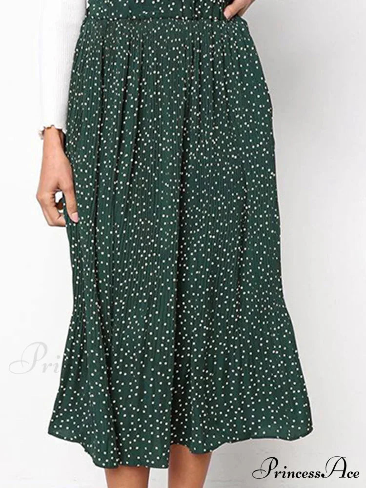 White Spots Floral Pattern Pleated Midi Skirt with Pockets skirt-250126