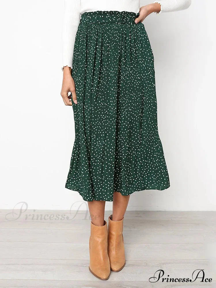 White Spots Floral Pattern Pleated Midi Skirt with Pockets Green / S skirt-250126