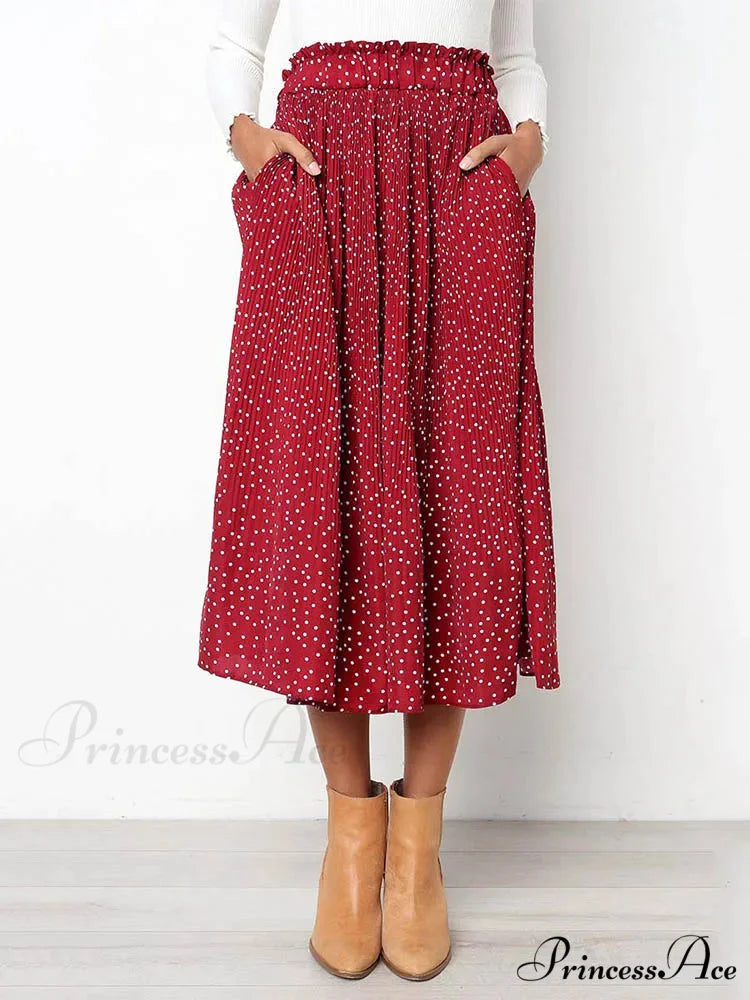 White Spots Floral Pattern Pleated Midi Skirt with Pockets Red / S skirt-250126