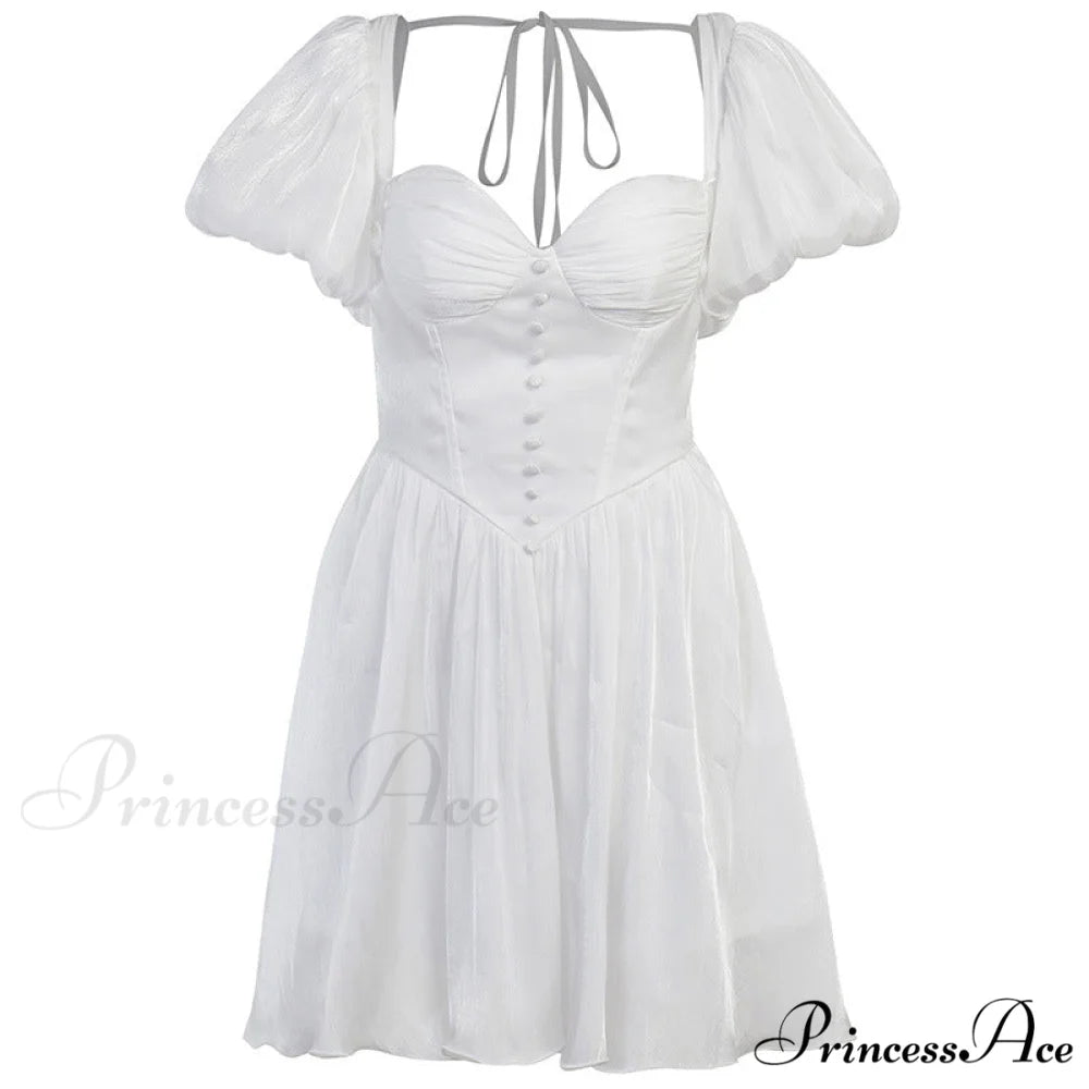 White Summer Dress with Puff Sleeves M / Black